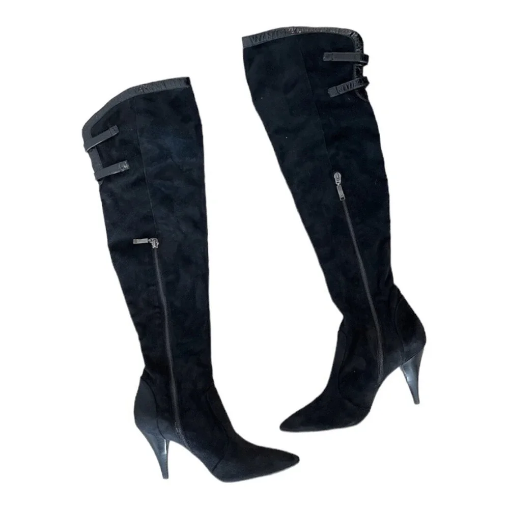 Guess Funke‎ Black Suede Thigh High Heeled Boots Pointed Toe Buckle Detail 7.5